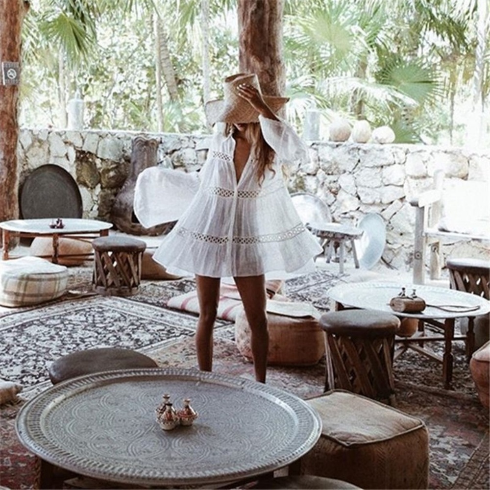 Boho White Cotton Button Up Tunic Top Cover-Up - Picture 4 of 8